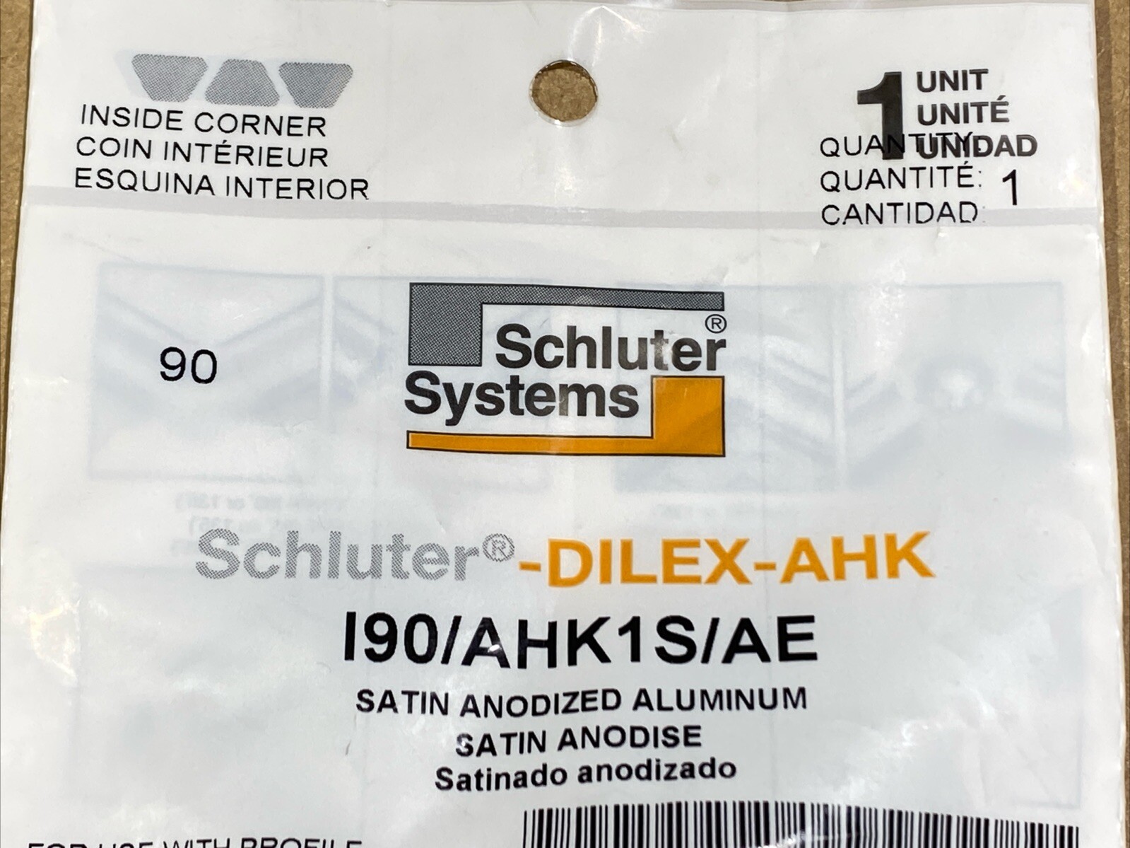 Schluter I90/AHK1S/AE Dilex-AHK Satin Inside Corner Anodized Aluminum New