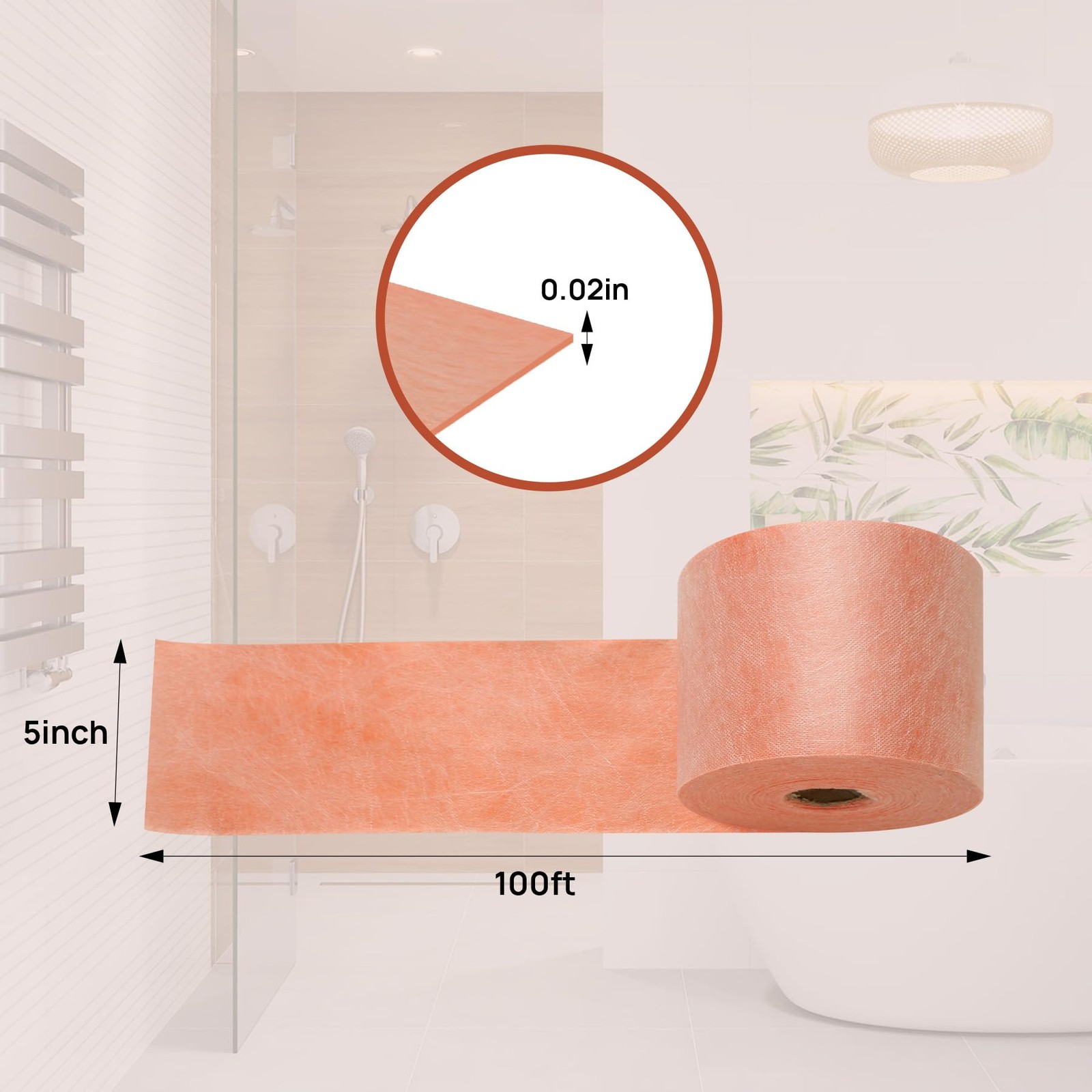 100FT Shower Waterproofing Membrane Roll, 5 Inch Wide 20 Mil Thick PE Layer w…