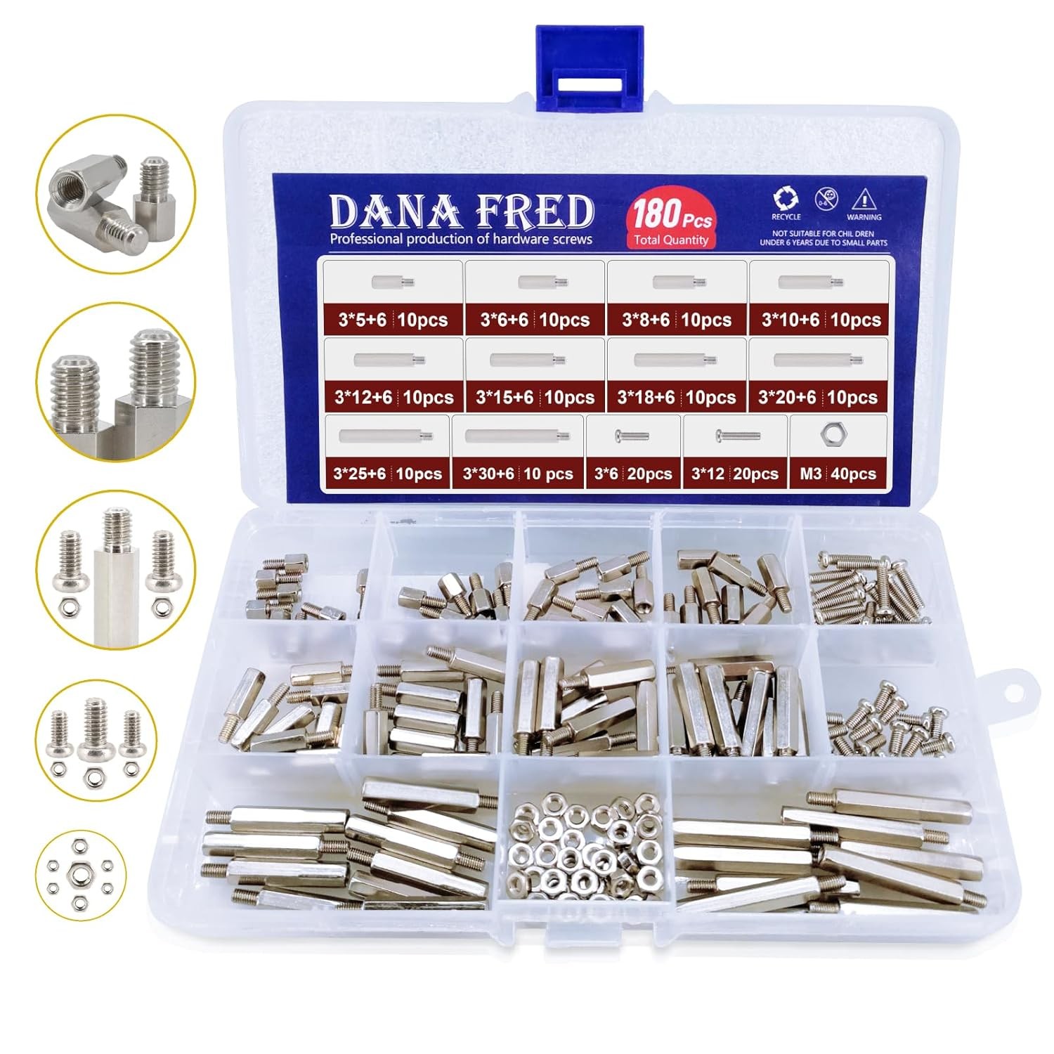 M3 Hex Carbon Steel Standoff,180 Pcs Male Female Female, Silver
