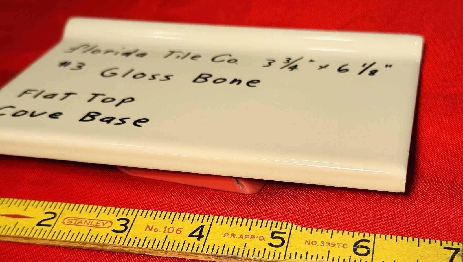 1 pc. Gloss Bone: 3-3/4″ X 6-1/8″ Ceramic Cove Base Tile, florida Co. Flat Top