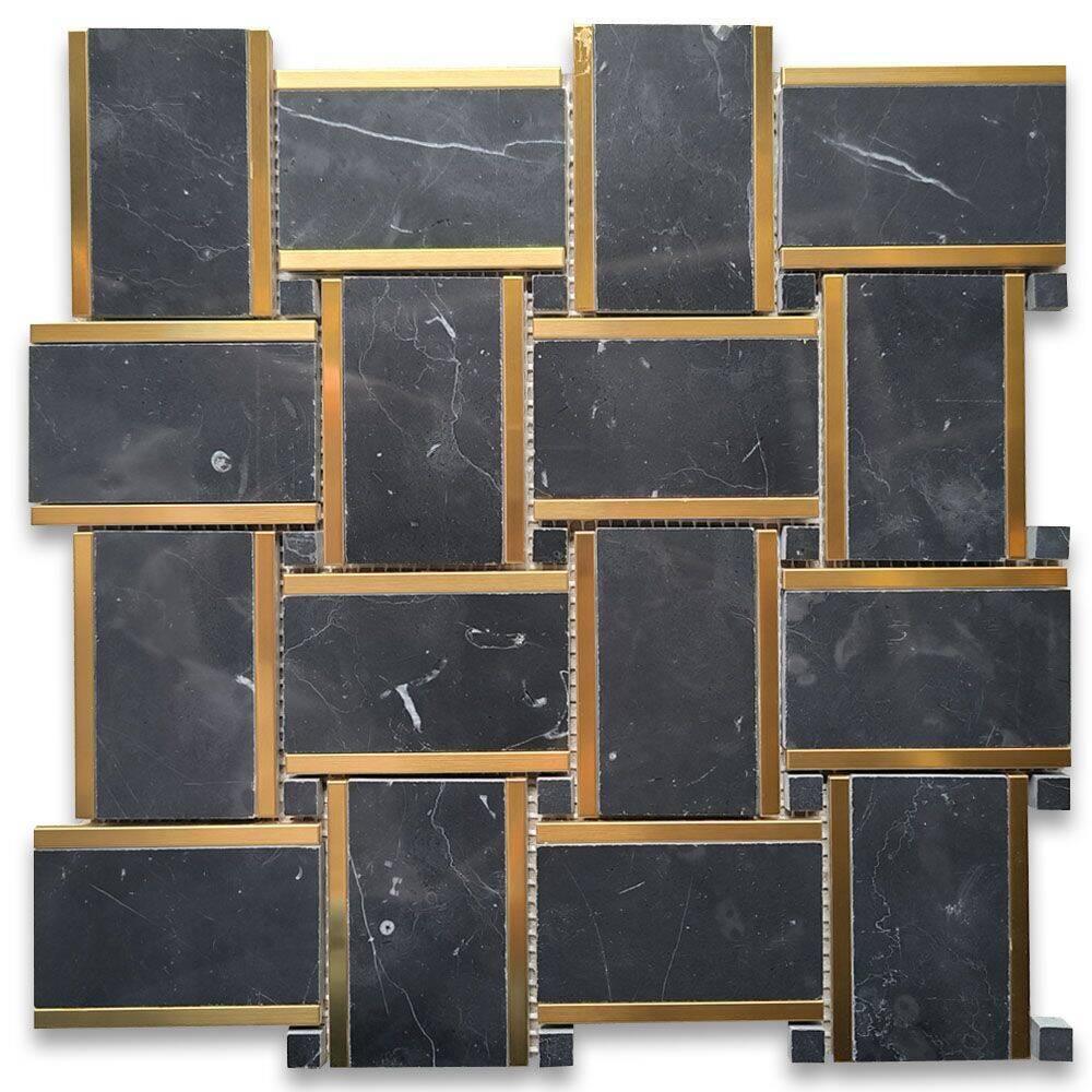 N668XP Nero Marquina Black Marble 2×3 Basketweave Mosaic Tile Polished