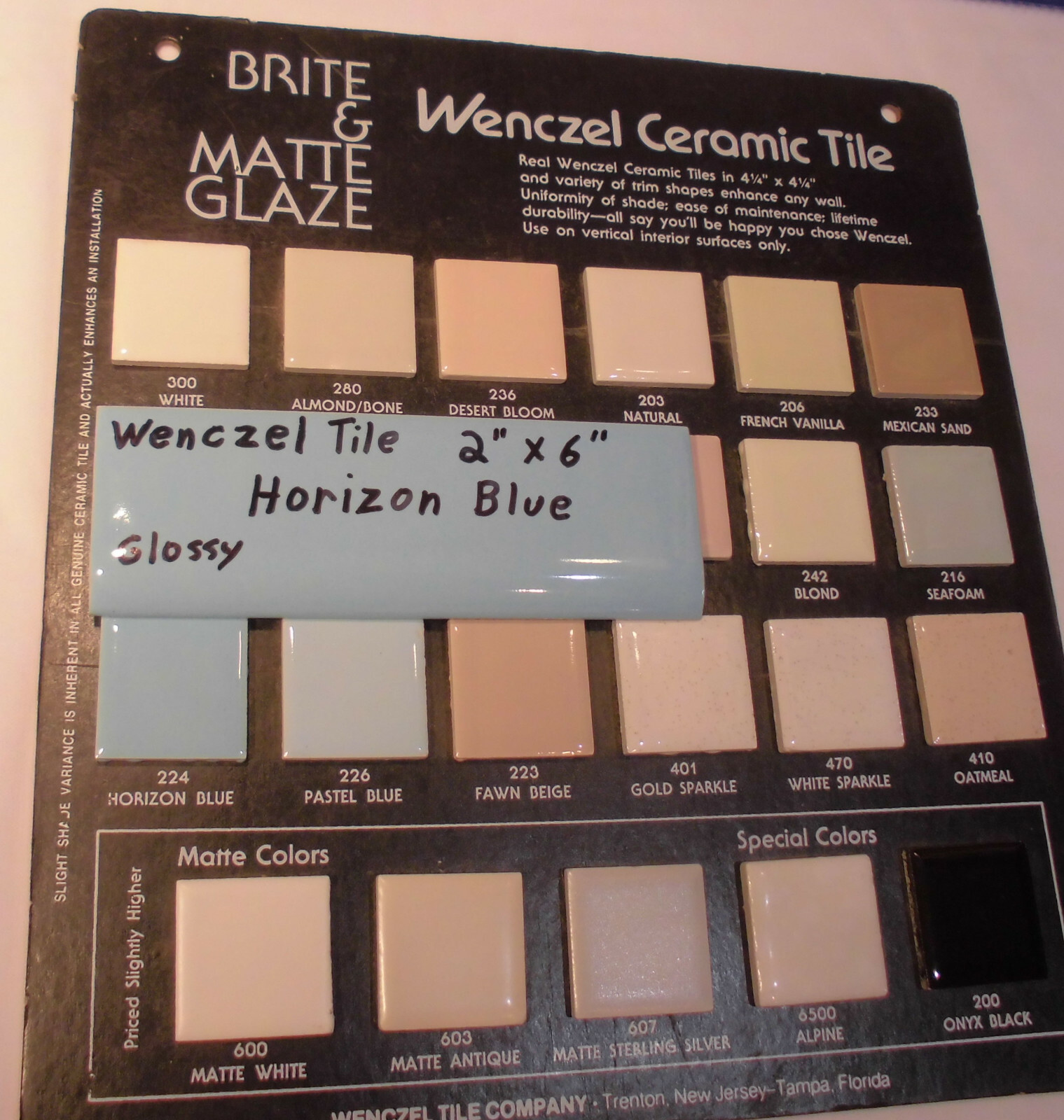 1 pc. Glossy *Horizon Blue* 2” X 6” Bullnose Ceramic Tile by Wenczel Co. NOS