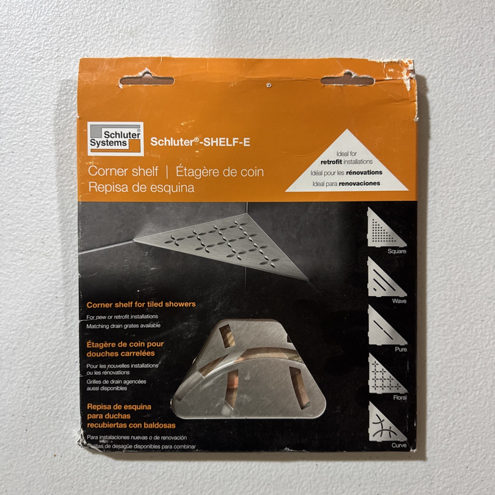 Schluter SHELF-E Corner Shelf – Curve Design, Brushed Stainless Steel – SES1D6EB