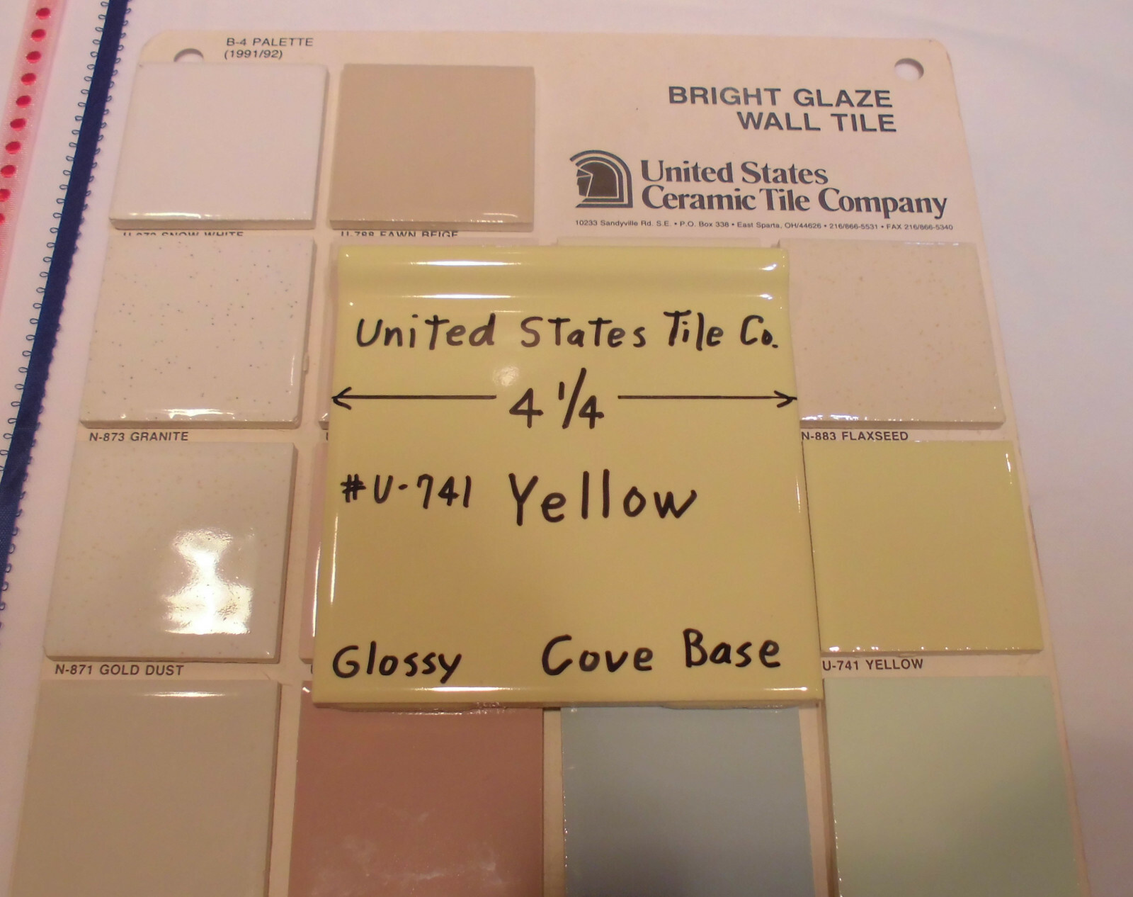 1 pc. Gloss Yellow: 4-1/4″ Cove-Base Ceramic Tile, Made in USA, New Stock, Mint