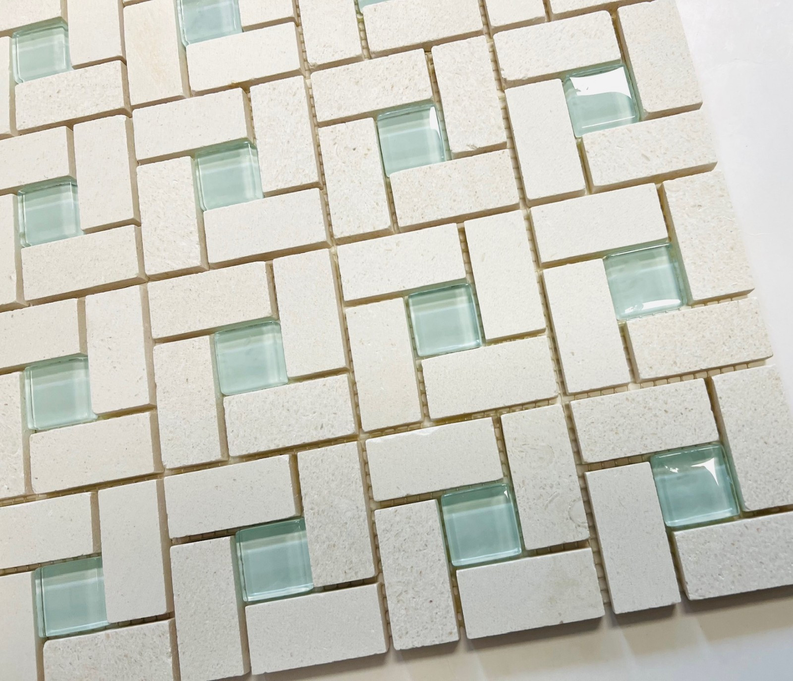 1X2 Pinwheel Vanilla Limestone with Ocean Blue Shiny glass Mosaic Wall Tile