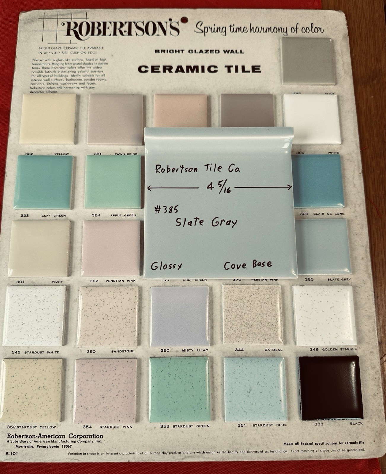 1 pc. Slate Gray: 4-5/16″ Glossy Ceramic Cove-Base Tile by Robertson Co. #385