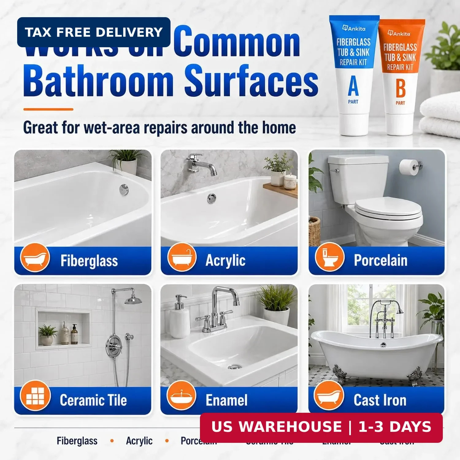 Tub Repair Kit White, Tub Chip and Bathtub Repair Kit for Enamel, Fiberglass, Ac