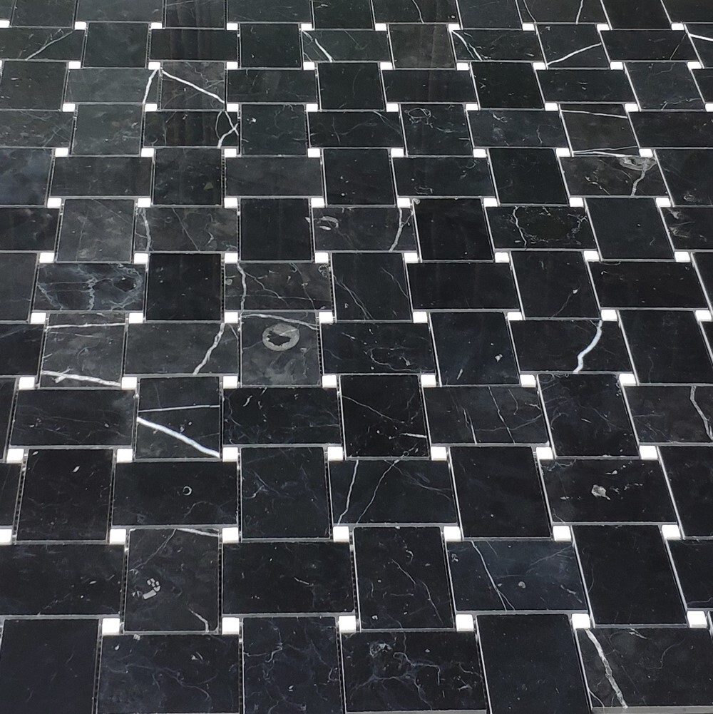 N665XP Nero Marquina Black Marble Basketweave Mosaic Tile White Dots Polished