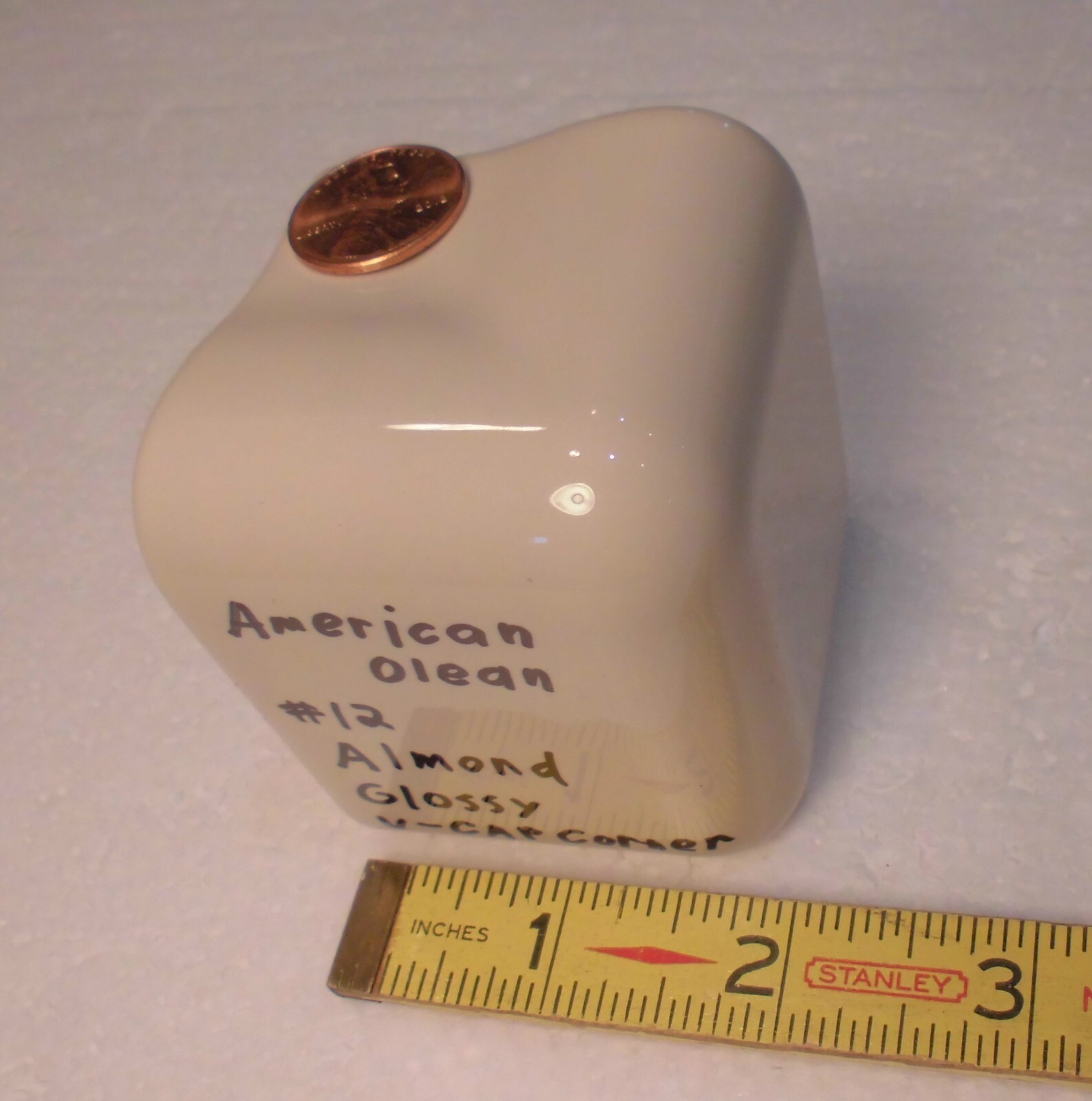 1 pc. Gloss Almond: #12: V Cap Corner Ceramic Trim Tile: Counter Edging, A.O.