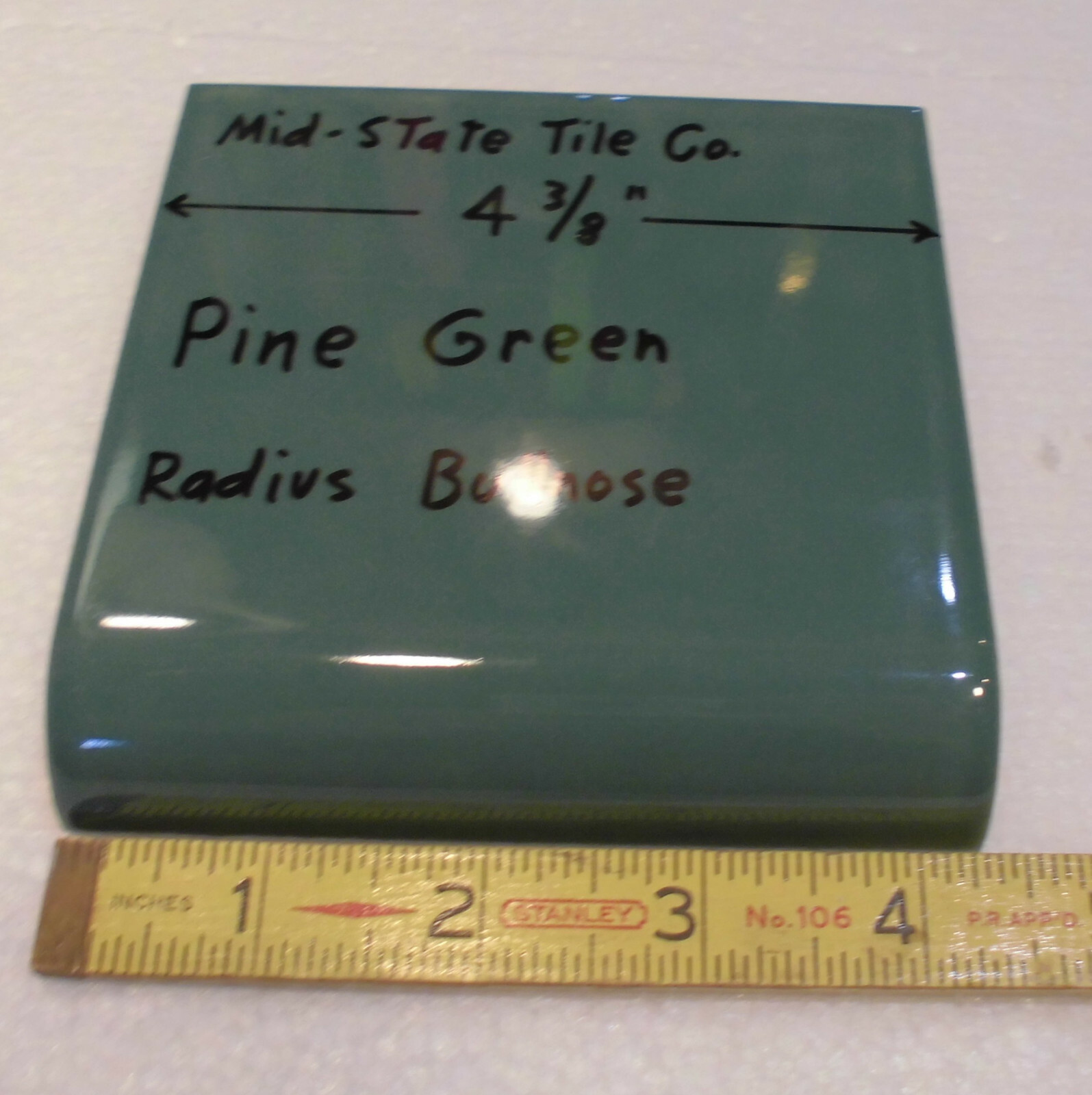 1: Pine Green Radius Bullnose Ceramic Tile 4-3/8″ by Mid-State: Glossy Mudd Cap