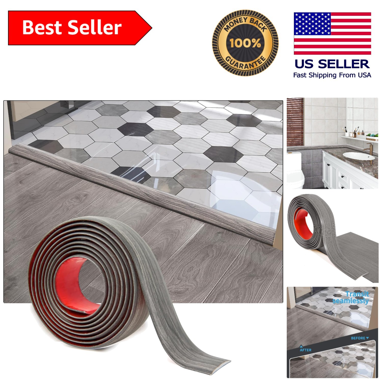 Multi-Surface Self-Adhesive Floor Transition Strip – 4FT Gray Vinyl Solution