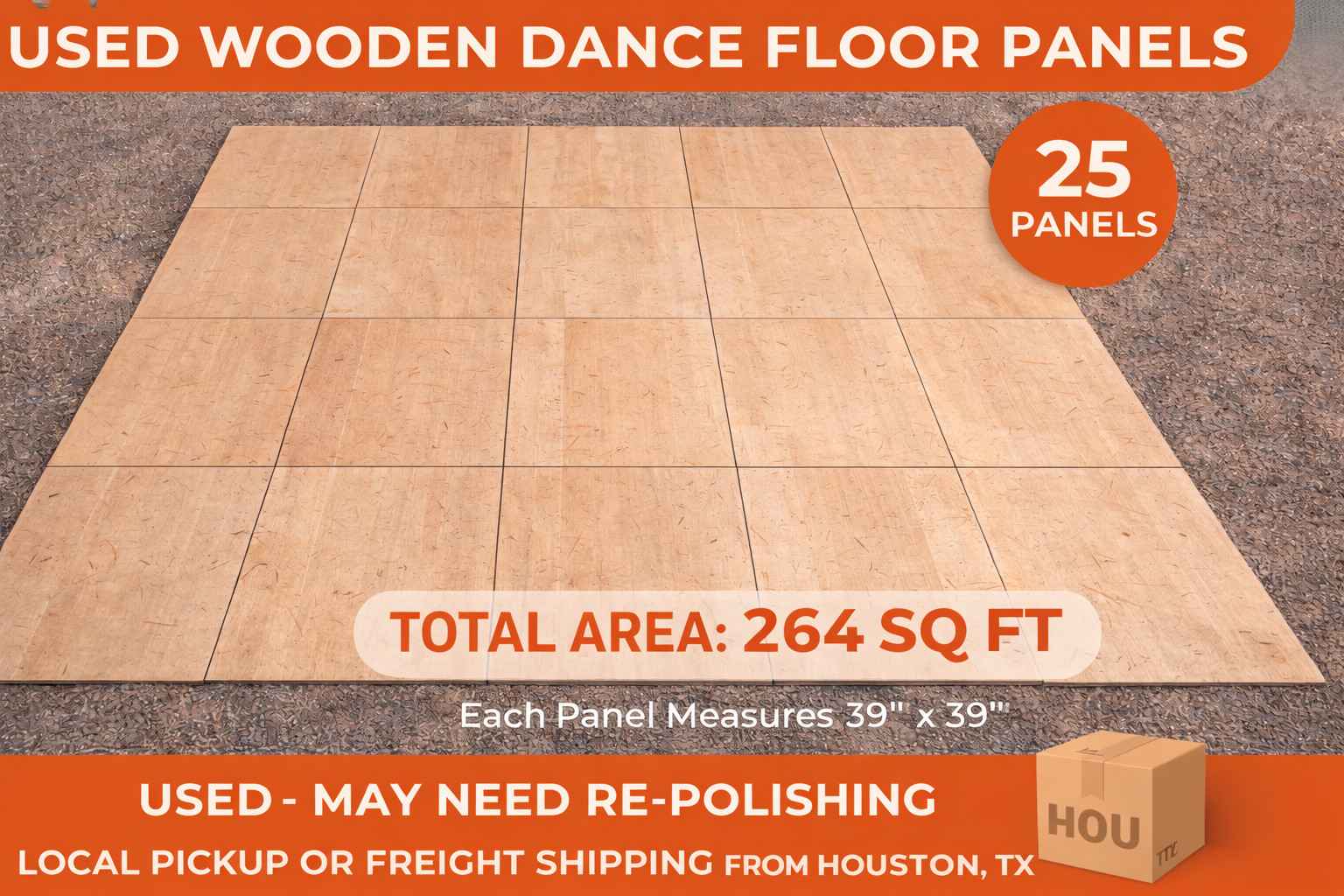 Modular Portable Dance Floor – 25 Panels (39” x 39” Each) 264 Sq Ft