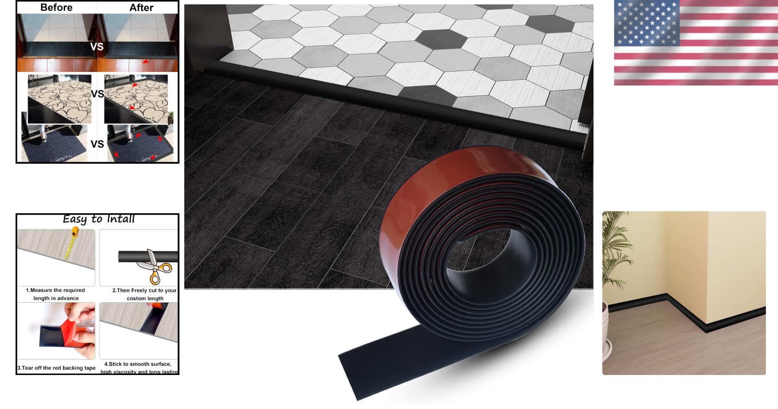 Elegant Floor Transition Strip in Black – Self-Adhesive for Seamless Interiors