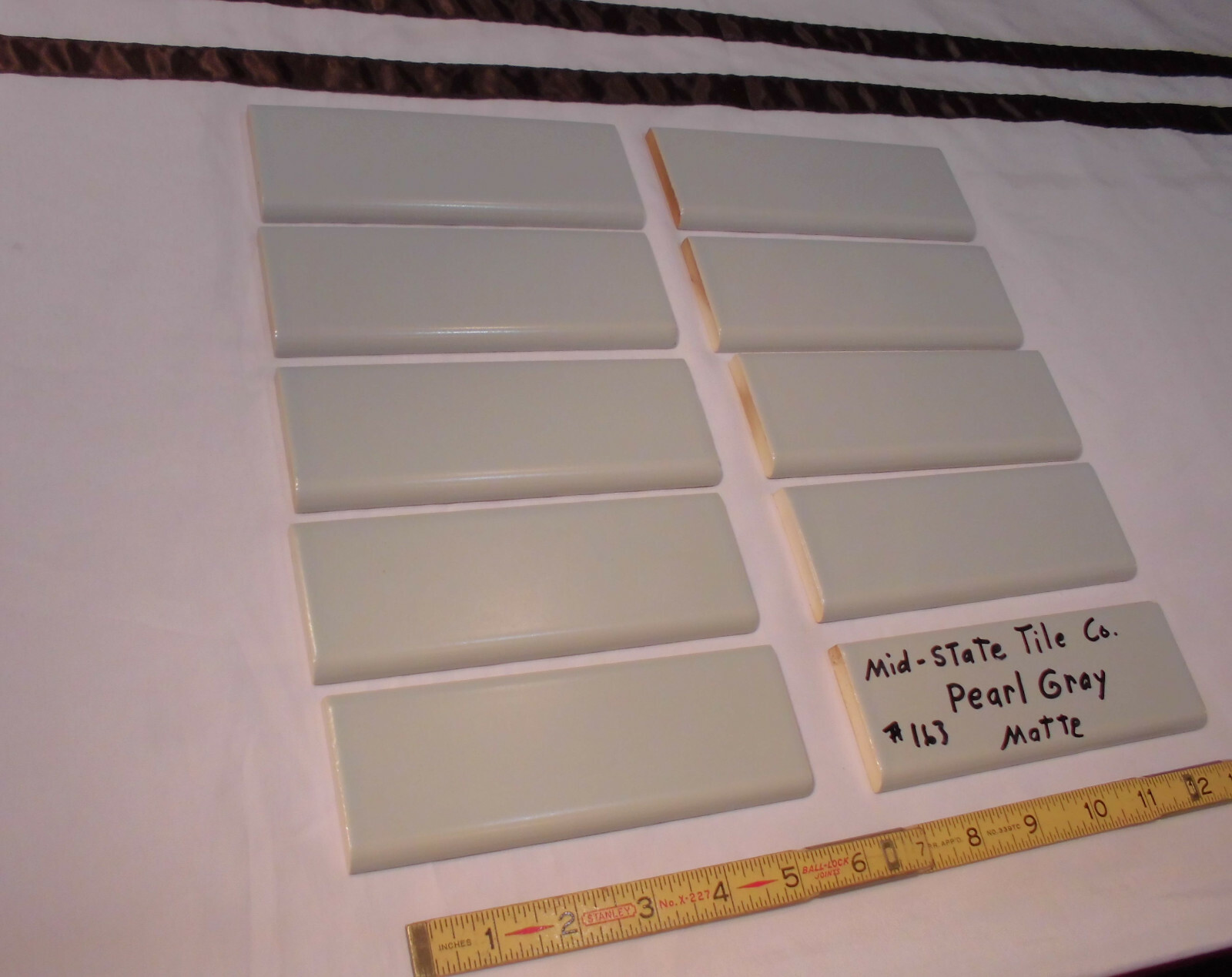 10 pcs. Vintage Matte *Pearl Gray* 2” X 6” Surface-Flat Bullnose Ceramic Tiles