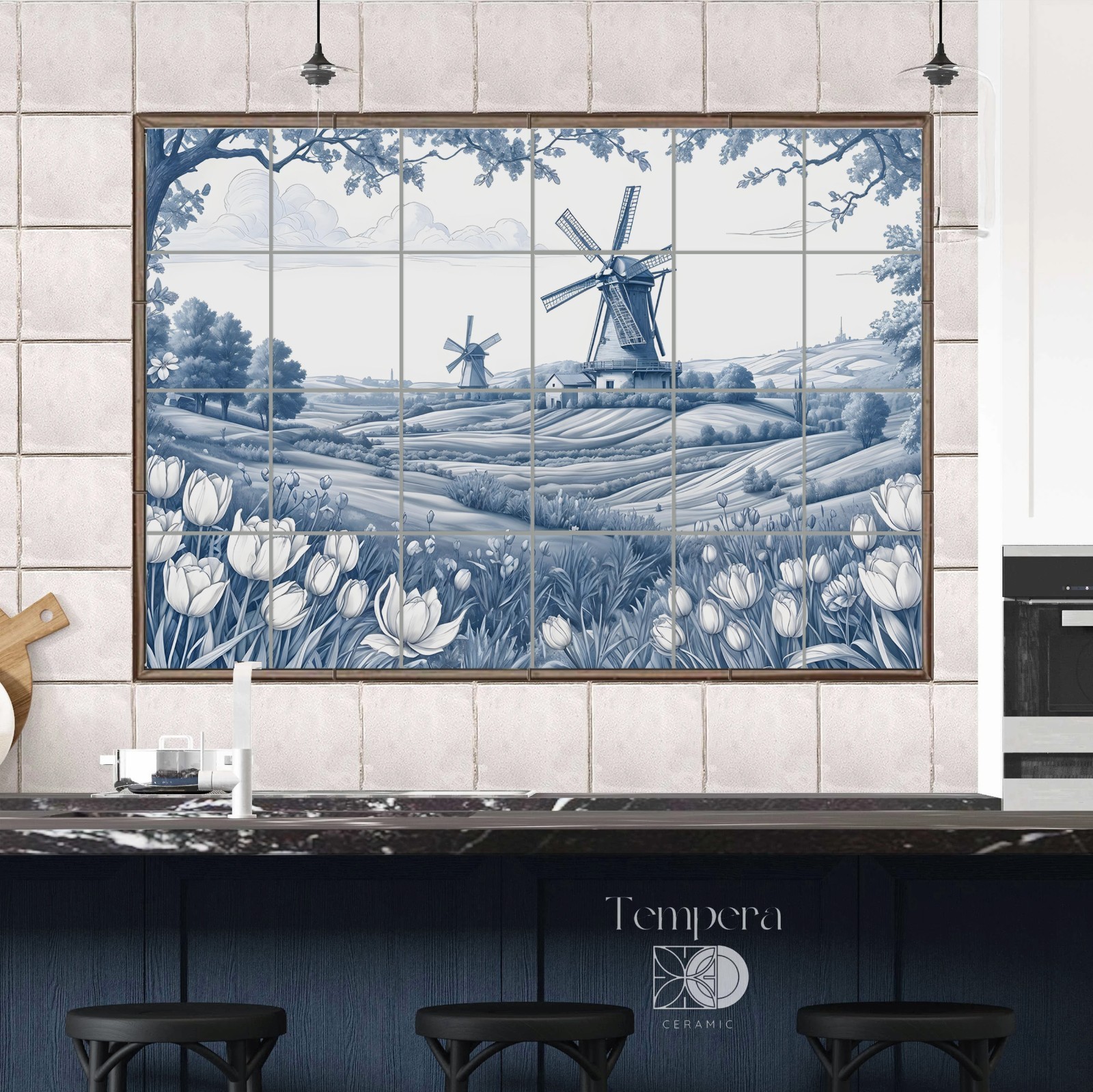 Blue and white delft style tiles, Windmill tile mural, Windmill landscape tiles