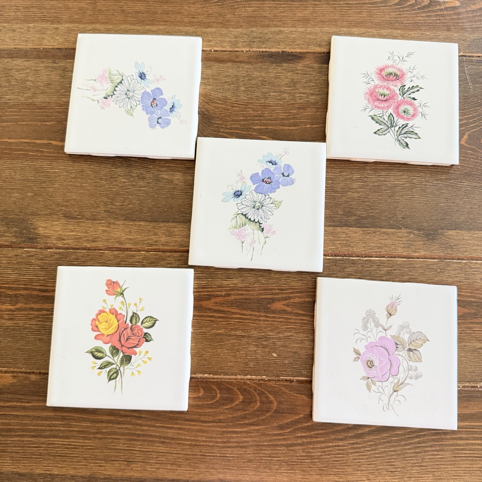 Vintage Ceramic Tiles Florals 4.5 “X 4.5” Made In Canada Set Of 5