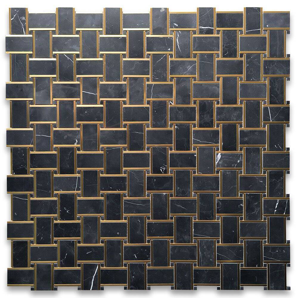N668XP Nero Marquina Black Marble 2×3 Basketweave Mosaic Tile Polished