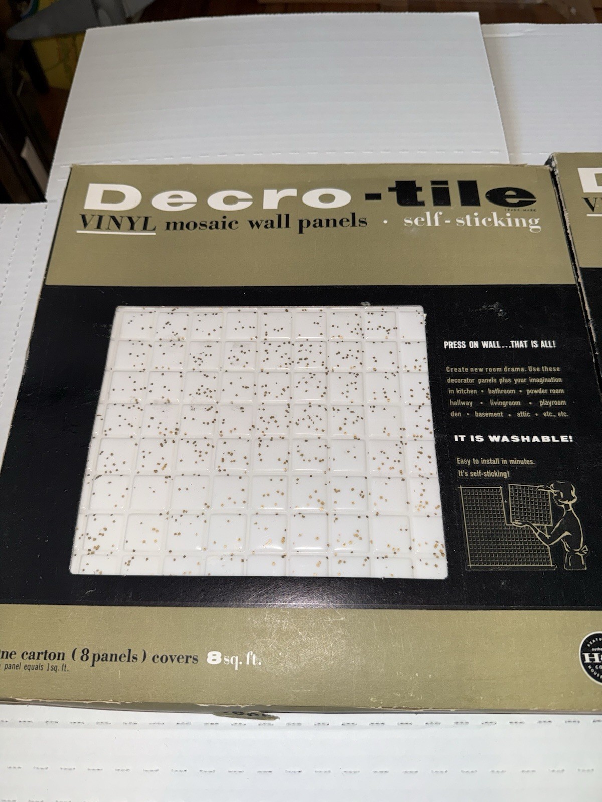 MID CENTURY Modern Decro-Tile Gold Fleck Self Sticking VINYL PANELS (16)