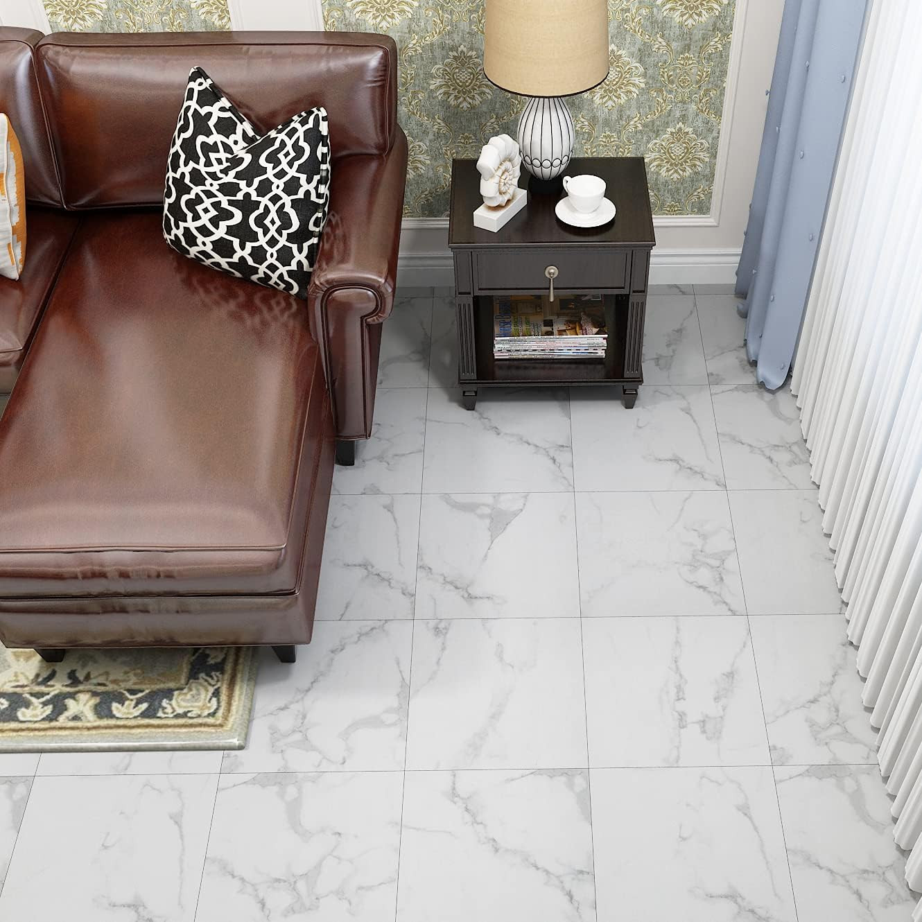 Carrara Marble Peel and Stick Floor Tile Bathroom Waterproof Floor Tiles White M