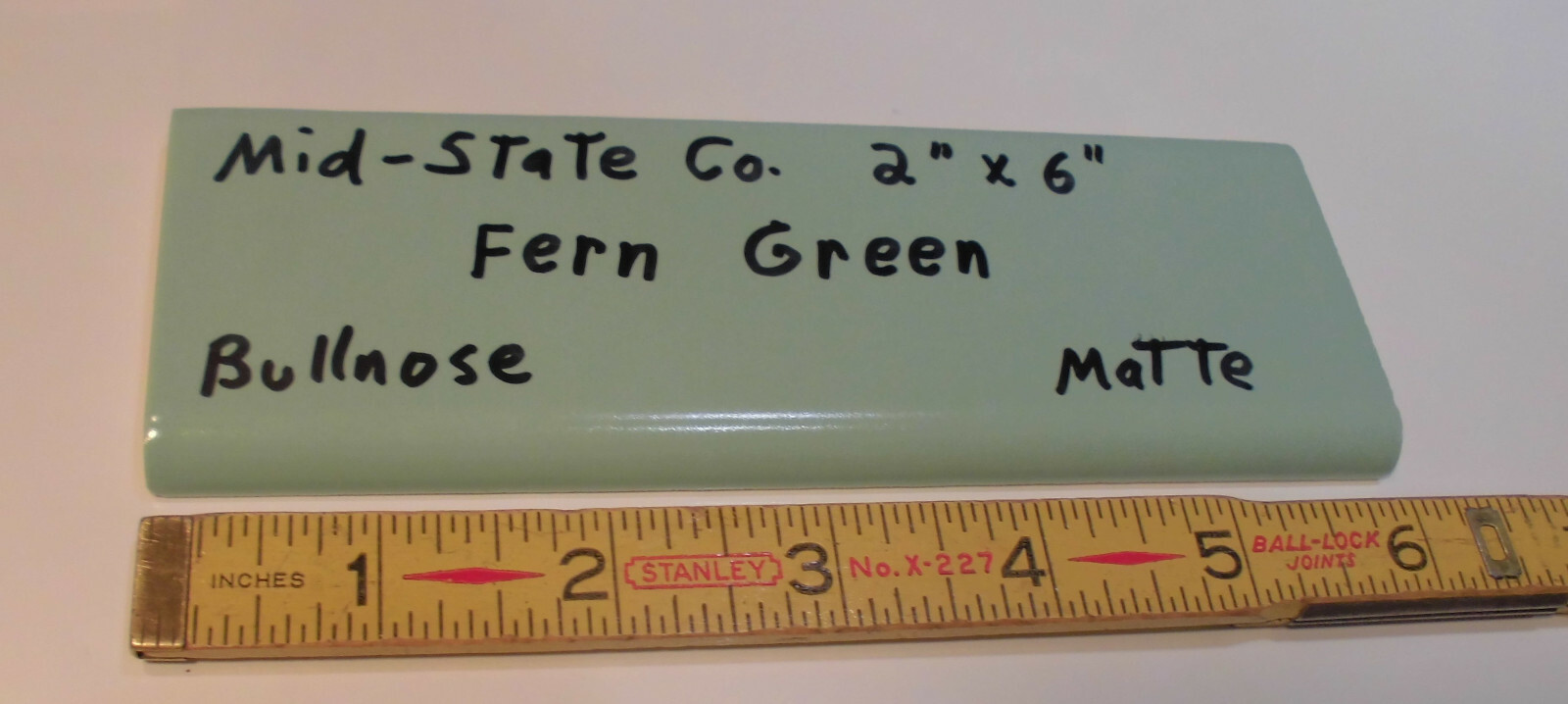 1 pc. Vintage *Fern Green* 2” X 6” Matte Ceramic Bullnose Tile by Mid-State Co.