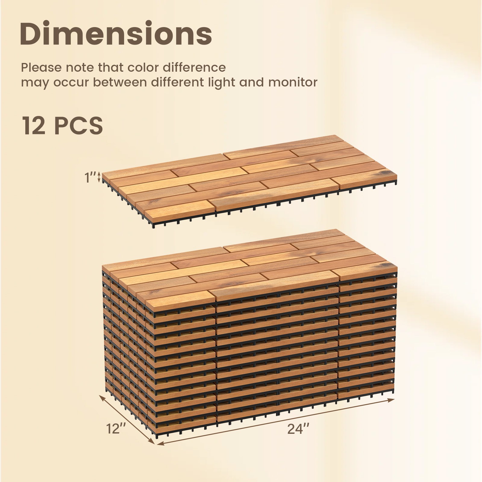 24″ x 12″ Acacia Wood Interlocking Deck Tiles, 12 PCS Waterproof Flooring Tiles