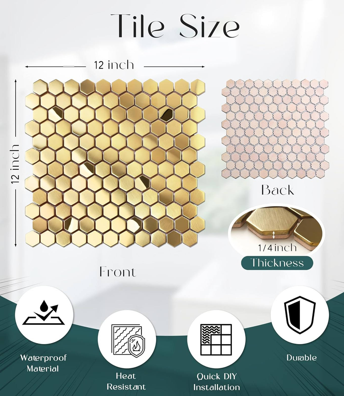 Hexagon Gold Backsplash Tile, Mosaic Sheets 12 Inch Mesh Mounted Brushed Shiny