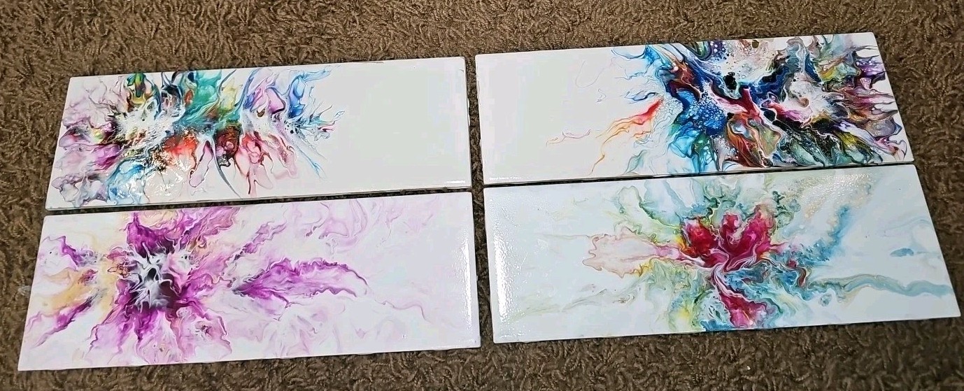 Set of Four Stunning Custom Art Painted 4-1/4 in. x 12-7/8 in. Ceramic Subway #6