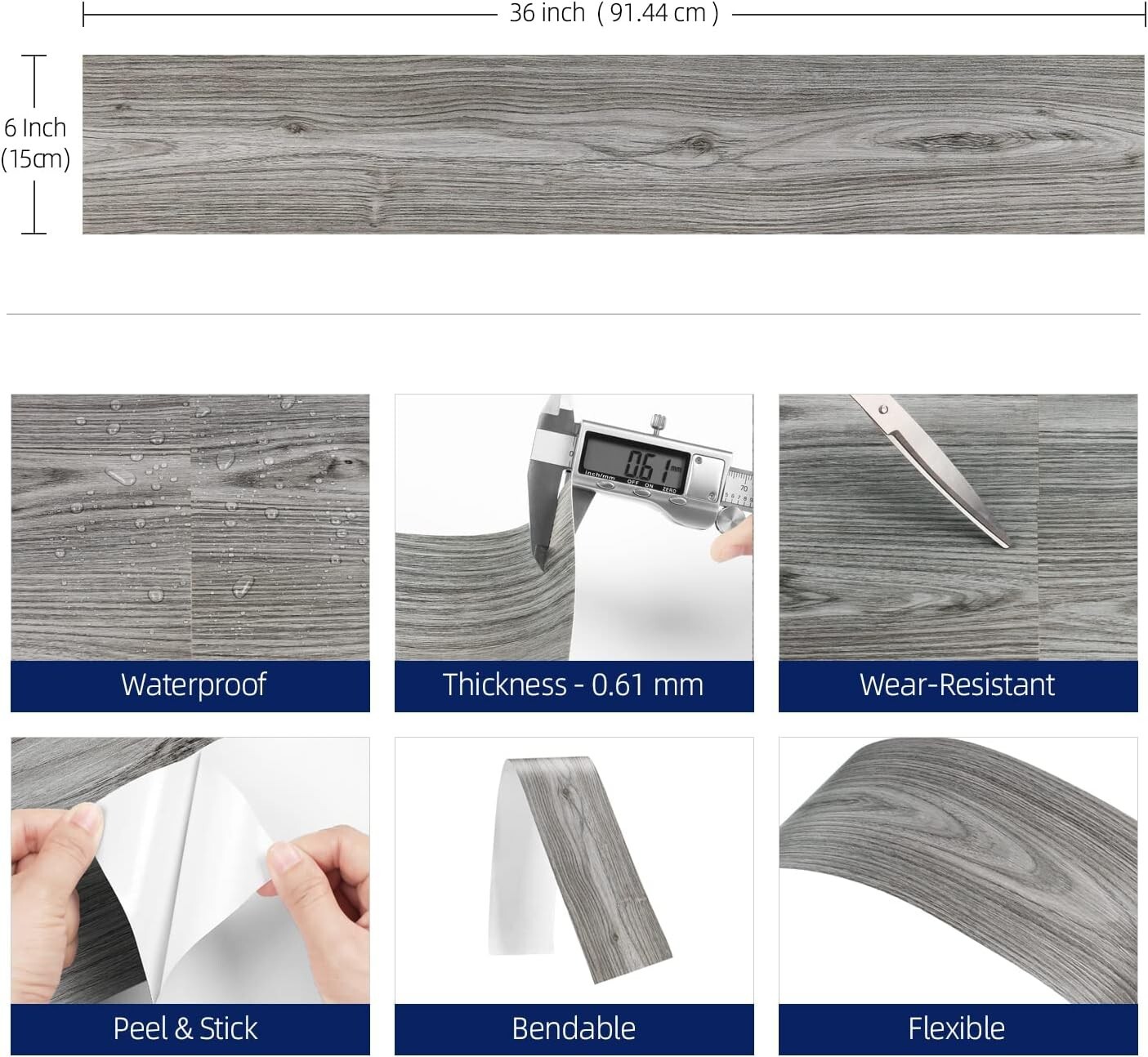 2pk- 6″X36″ 30 Sheets Peel & Stick Floor Tile Waterproof Grey Wood Vinyl Floor