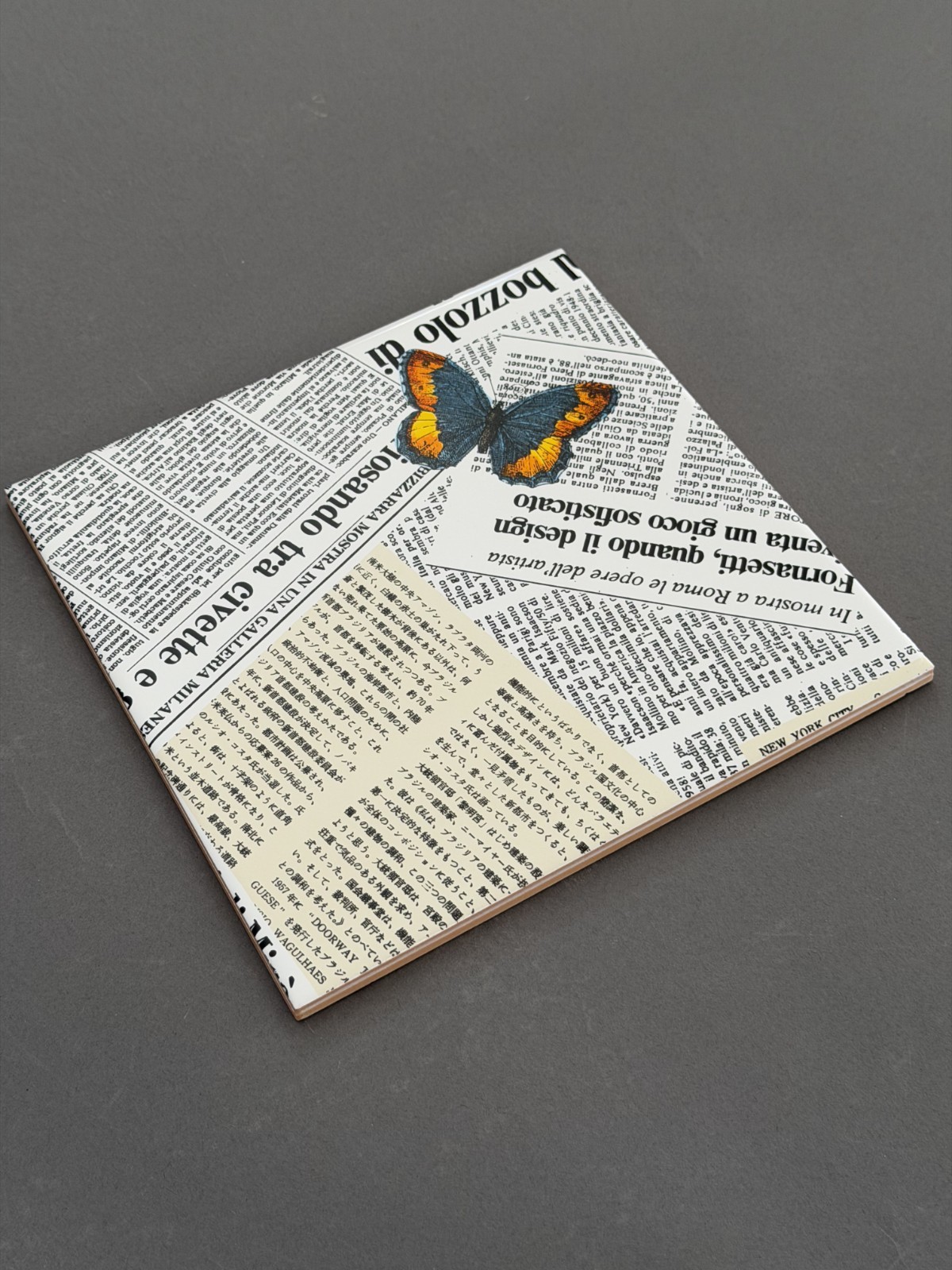 Fornasetti Newspaper & Butterfly Tile Pair 8×8 – Ceramica Bardelli Italy