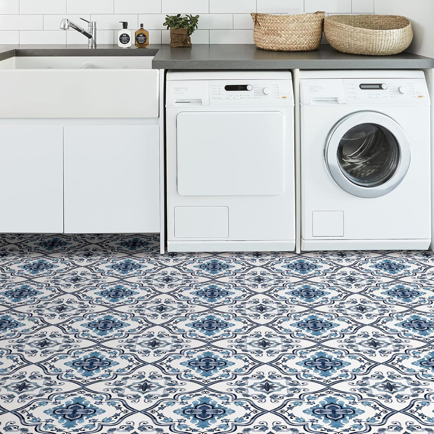 Marrakesh Peel and Stick Floor Tiles, Blue, Floral Vinyl Floor Tiles, Water Resi