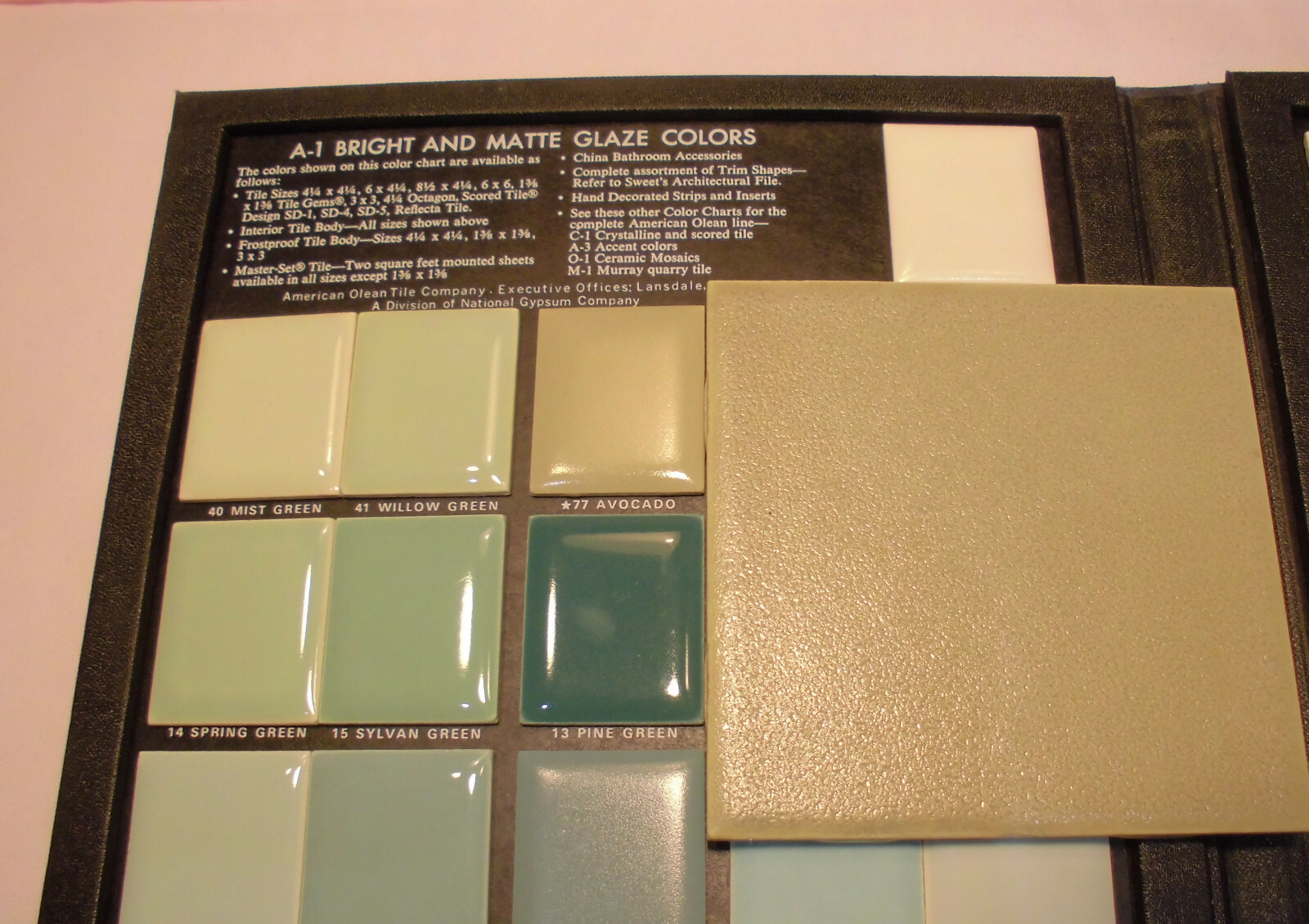 1 pc. *Avocado* Ceramic Tile Crystalline Glazed by American Olean 4-1/4″ NOS