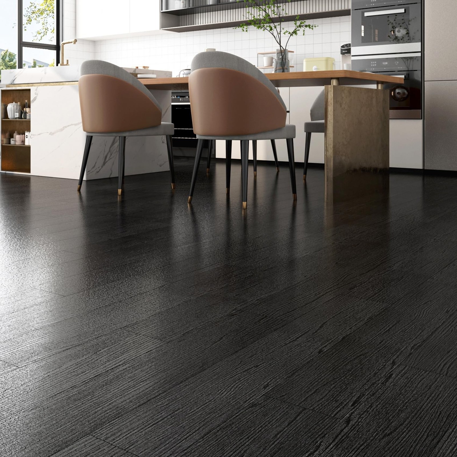 FunStick 35-Pack 6″x36″ Black Wood Peel and Stick Floor Tile Waterproof Vinyl…