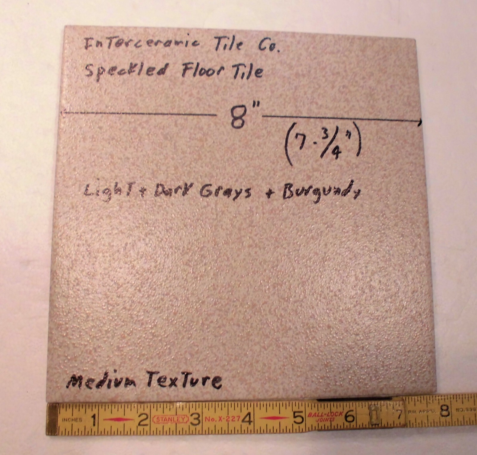 1 pc. Speckled: 7-3/4″ Ceramic Floor Tile: Light + Dark Grays with Burgundy, NEW