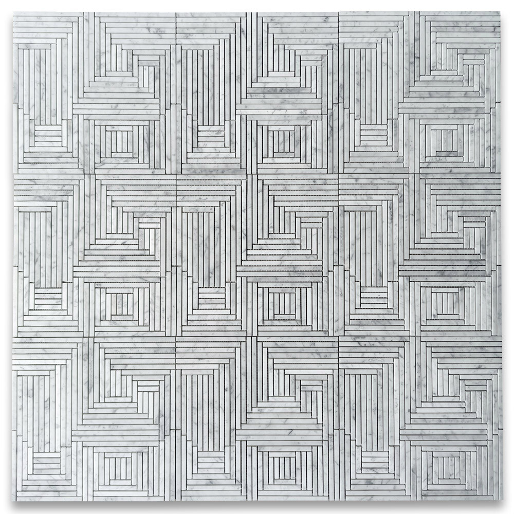 C7PXH Carrara White Marble Maze Mosaic Tile Random Linear Mixed Strip Honed