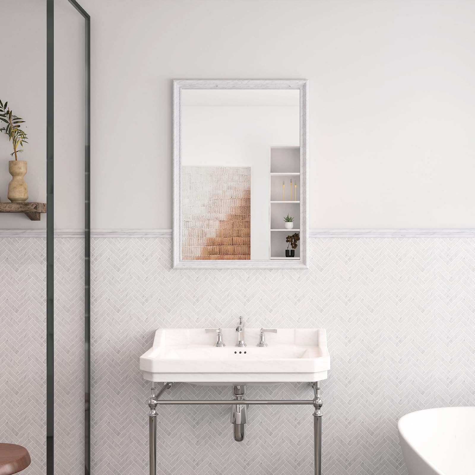 Soulscrafts White Carrara Marble Mosaic Tile, Marble Tile 1×3 Herringbone Pol…