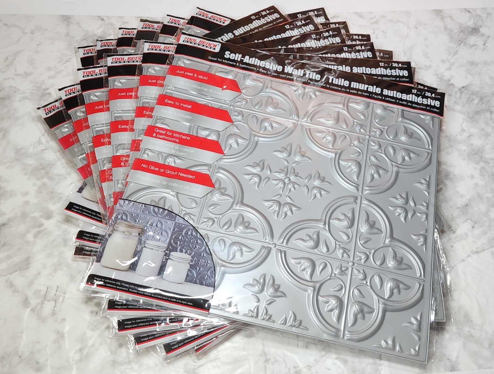 Tool Bench Self-Adhesive Wall Tile 12×12 Peel Stick Backsplash Lot Of 24 Silver