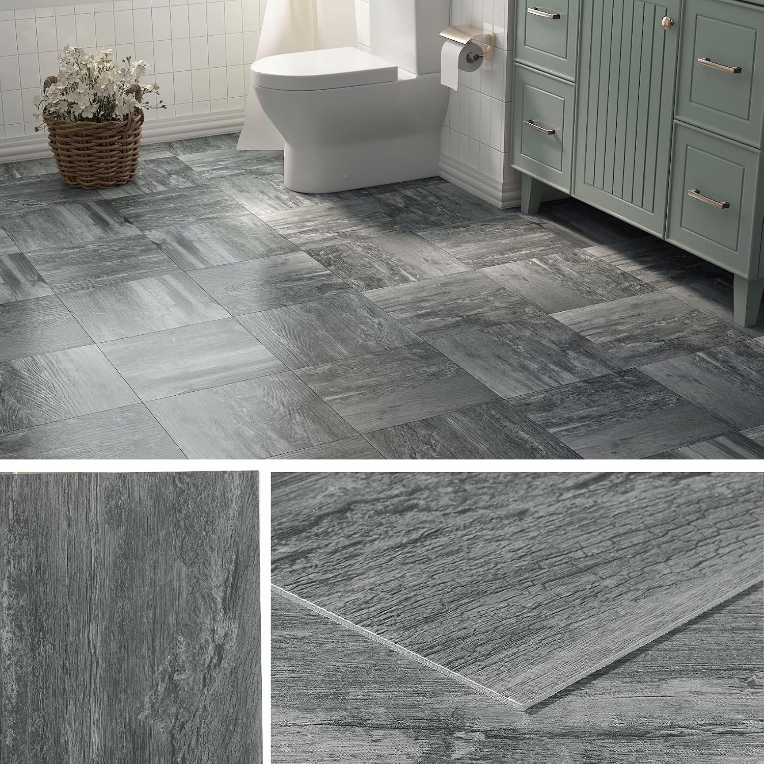 Renter-Friendly Dark Grey Wood Peel and Stick Floor Tiles – 4 Sheets Included