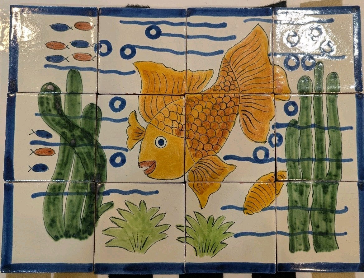 Mexican California Louisville Tile Folk Art Backsplash Hand painted Fish 12 pcs