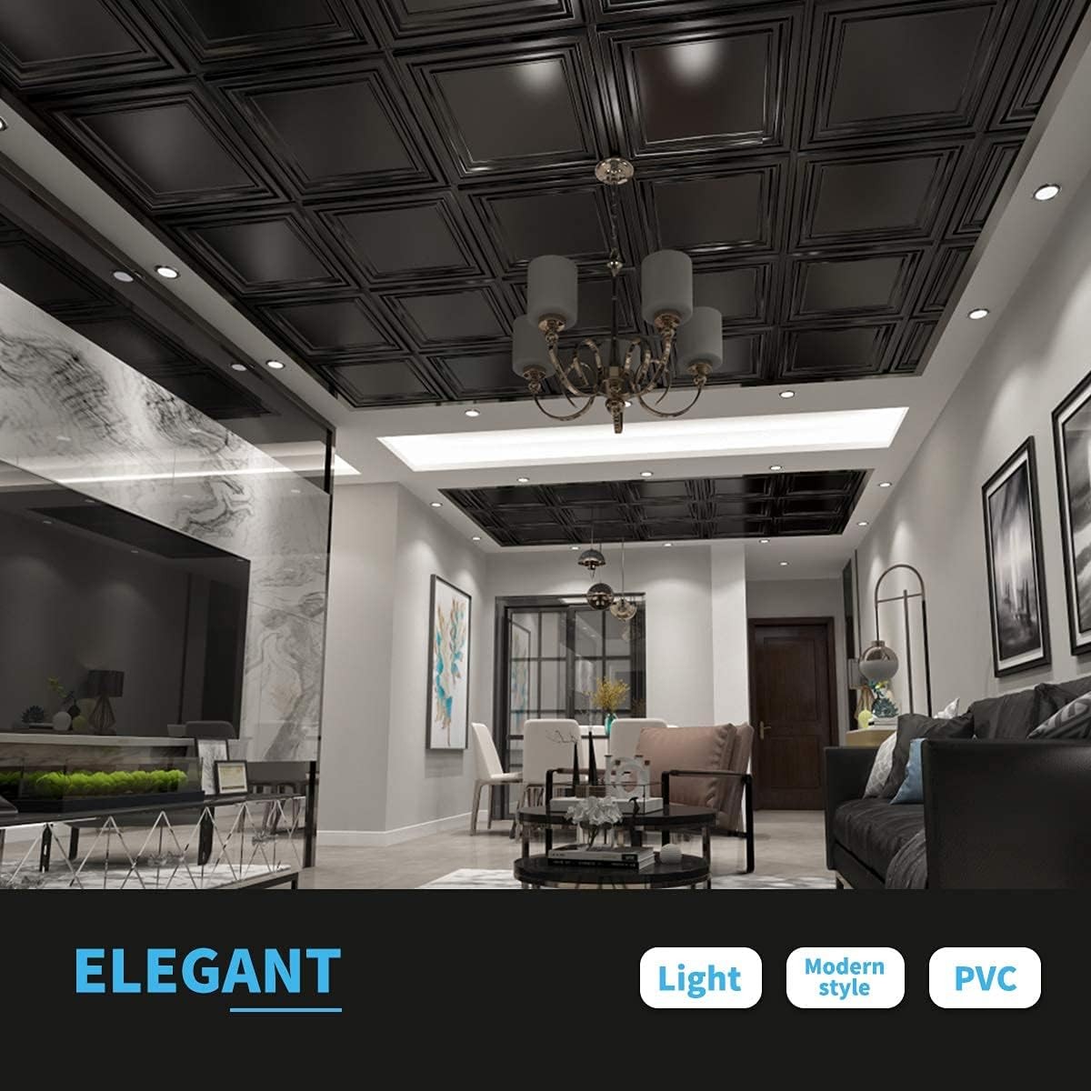 Art3d PVC Ceiling Tiles 2×2 ft Plastic Sheet Black 12 Pack
