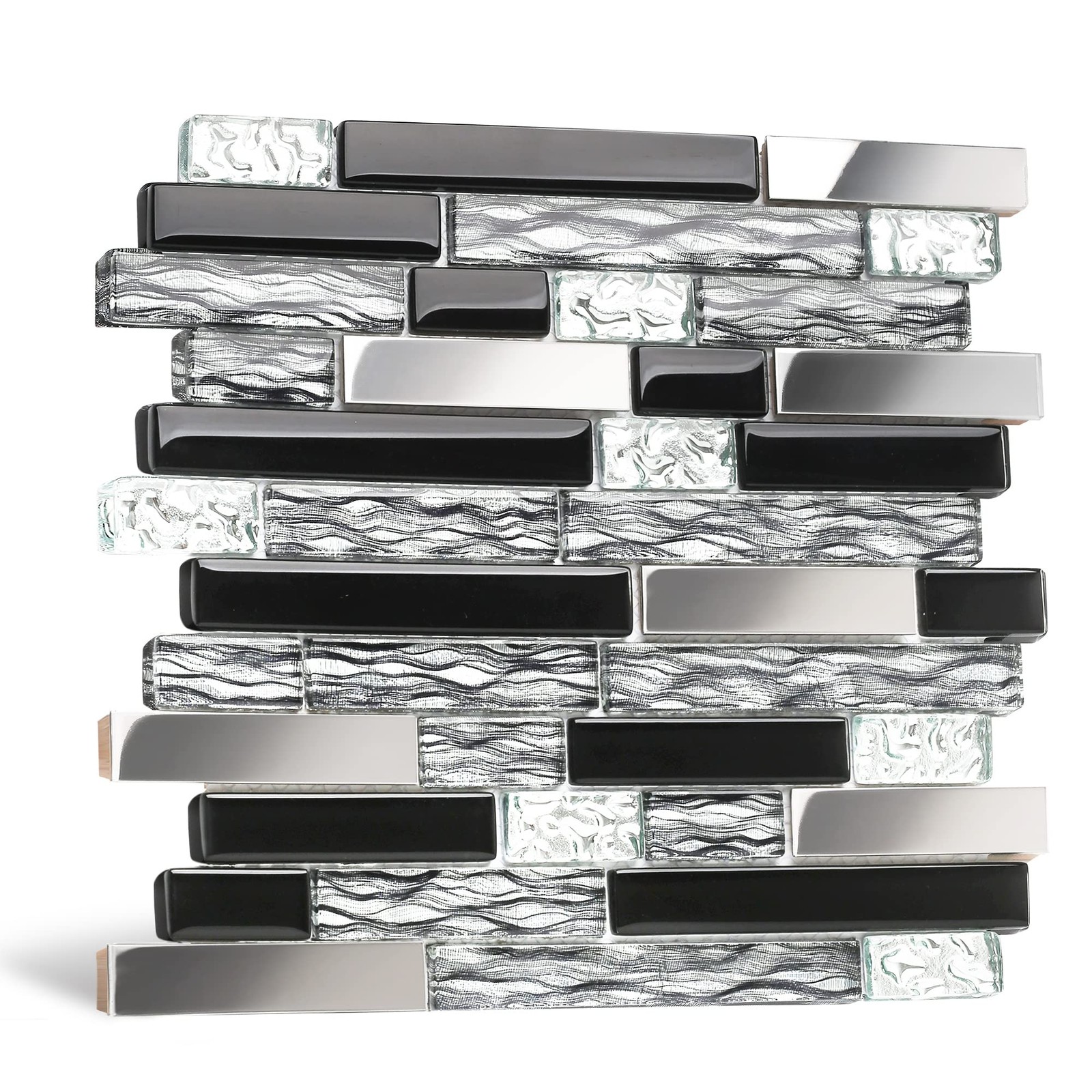 Glass Metal Tiles Art Mosaic Silk Black Crystal Glass Chrome Silver Steel Acc…