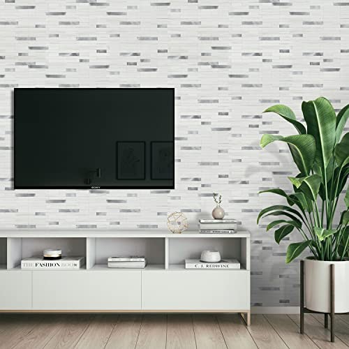 Peel and Stick Backsplash Tile, 10 Dolomite White Marble Mixed Metal Silver