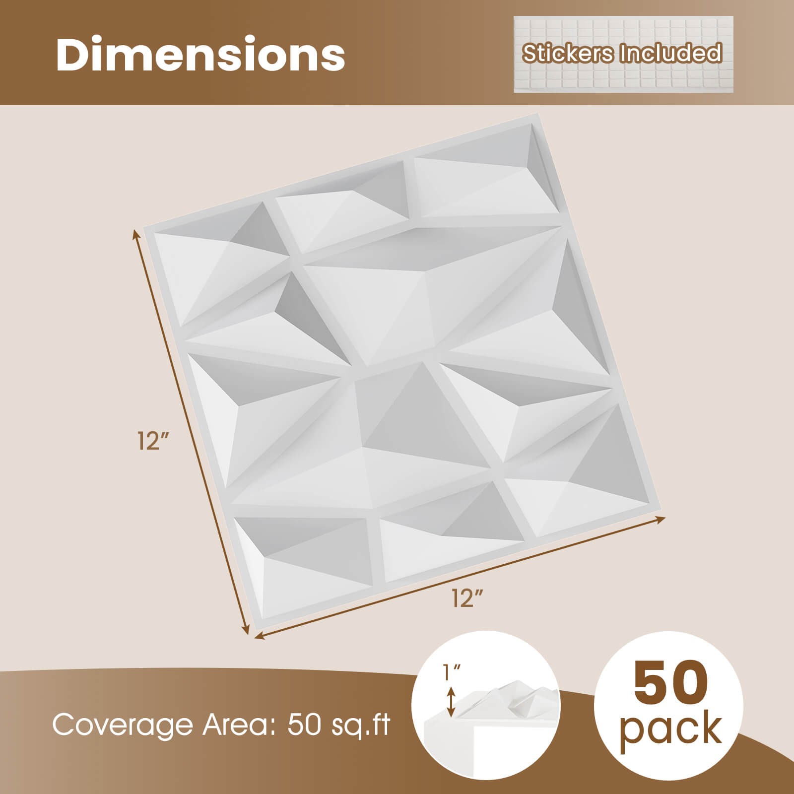 50 Pack 3D Wall Panels, PVC Diamond Textured Wall Tiles for DIY Painting
