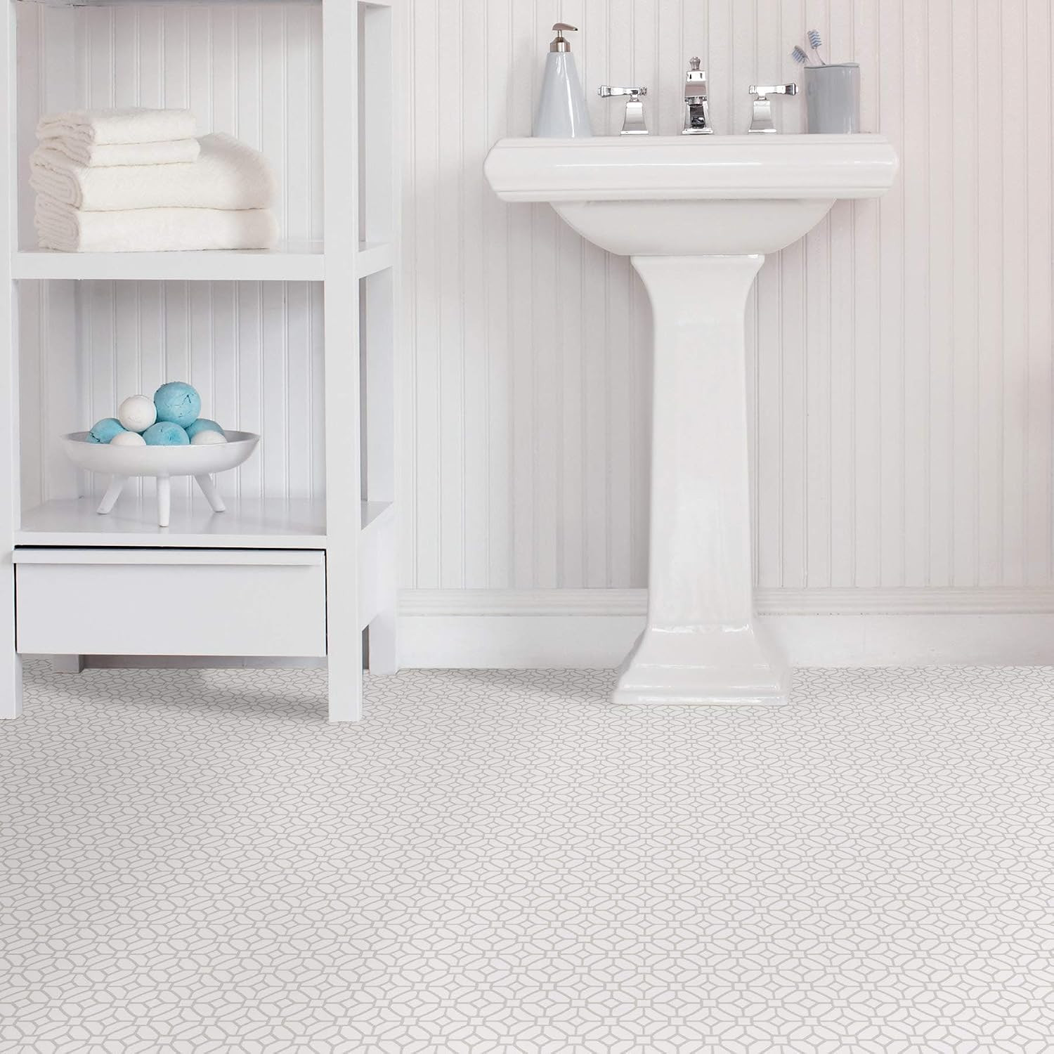 Lattice Peel and Stick Floor Tiles, White and Off-White, Geometric