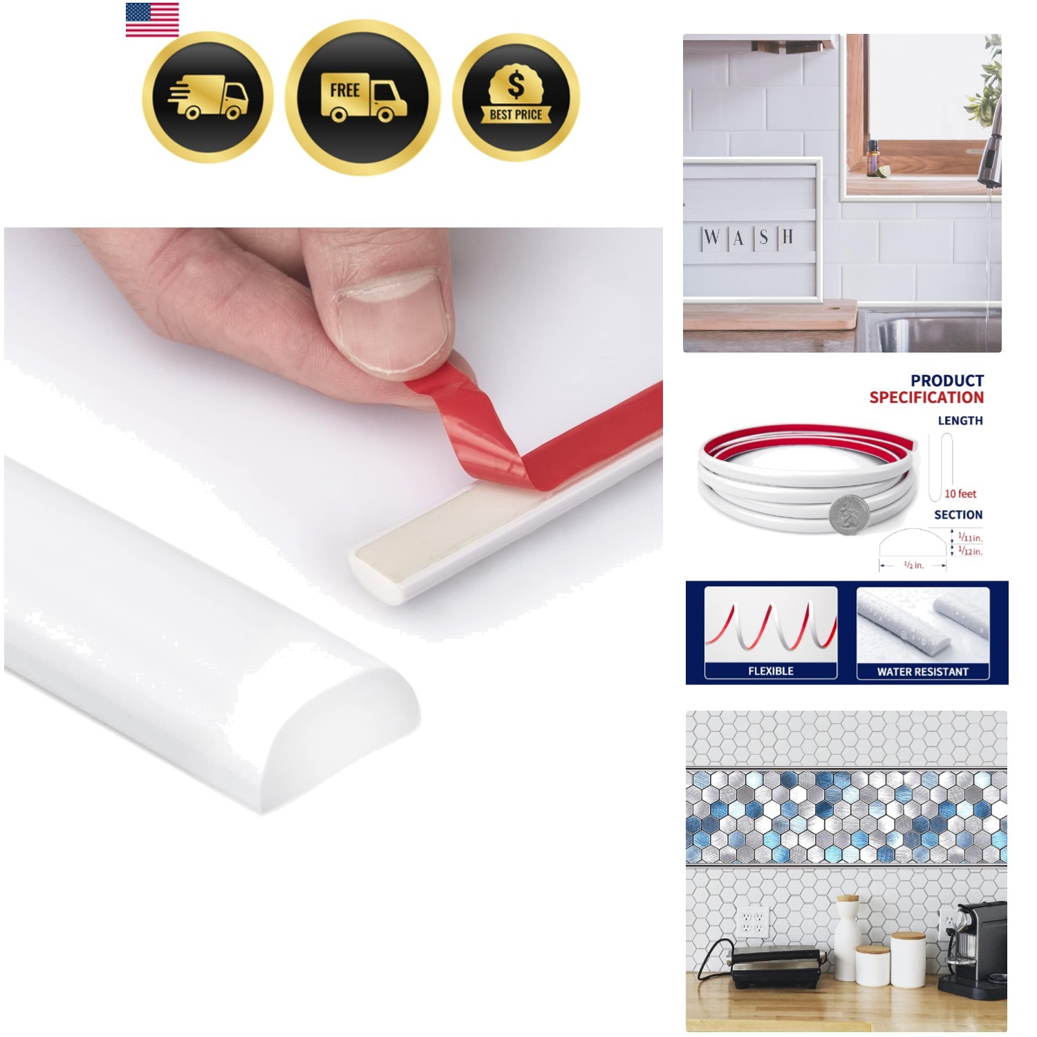 10 Ft Flexible Peel and Stick Trim Molding for Backsplash Tile Edge, Self-Adh…