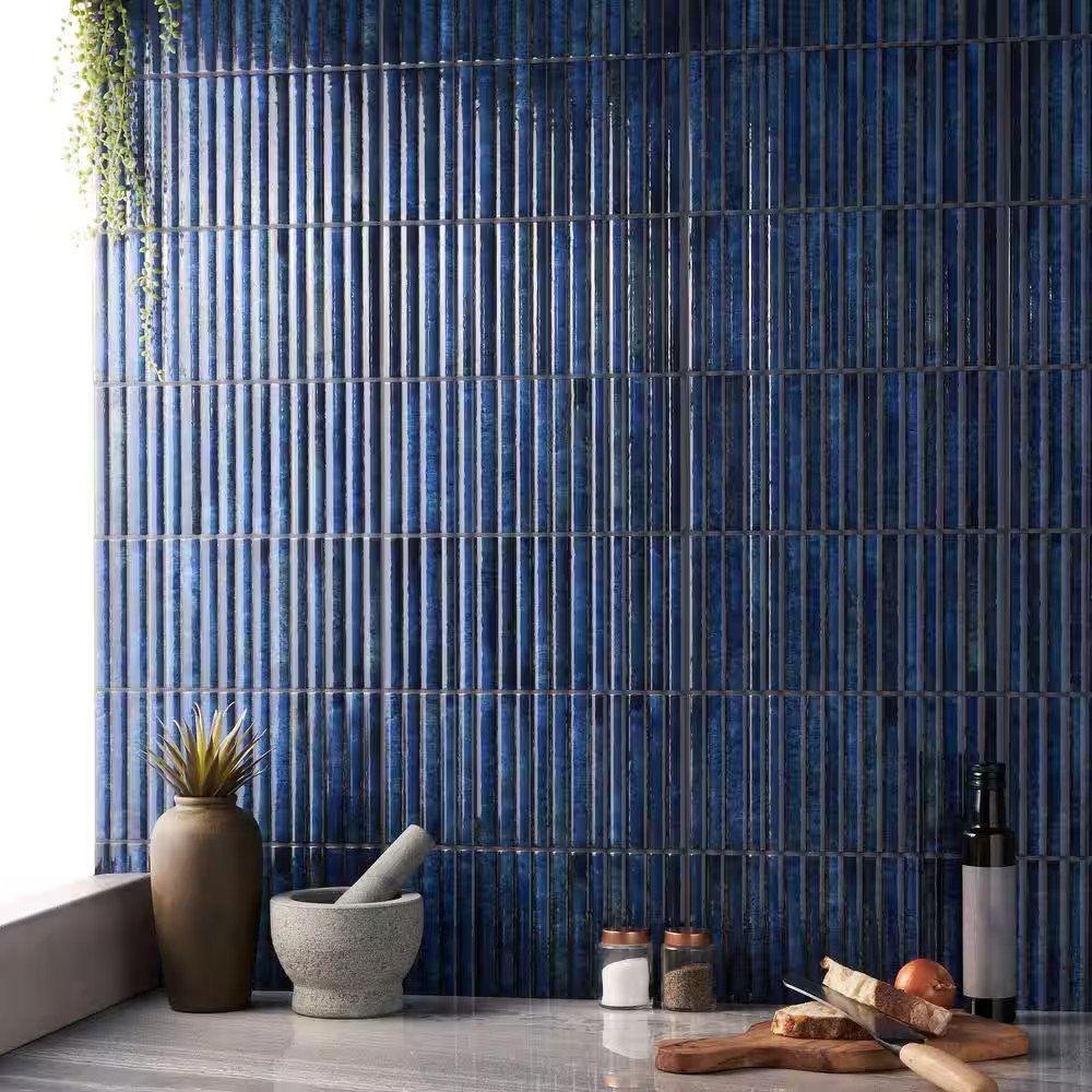 Mawr Blue 5.9 In. X 11.81 In. Polished Fluted Ceramic Wall Tile (9.68 Sq. Ft./Ca