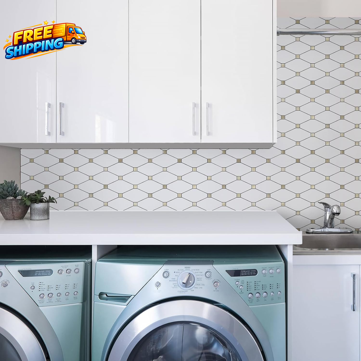 10 Sheets Peel and Stick Backsplash Pure White Marble Look PVC Mixed Metal Gold