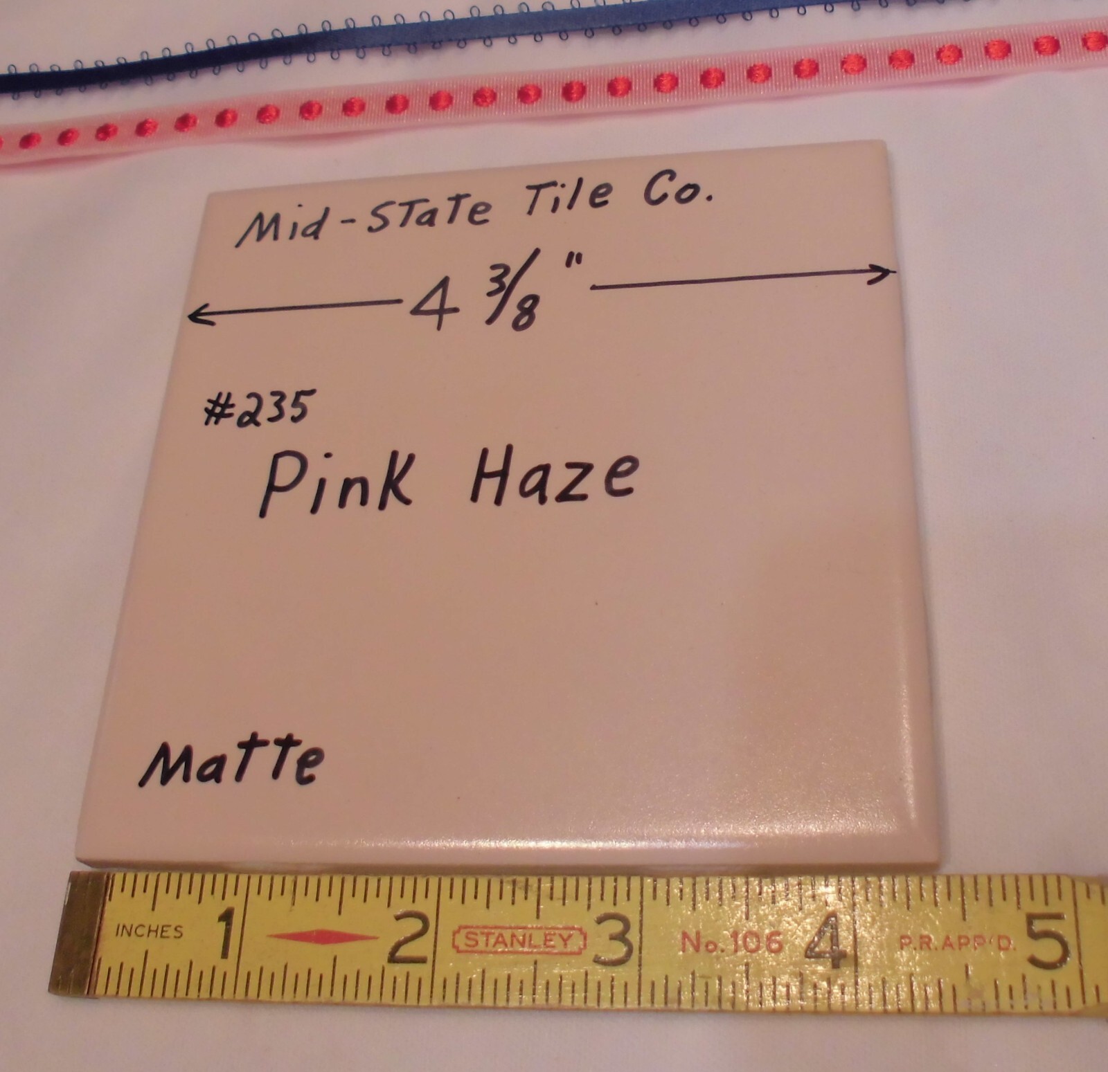 1 pc. Matte Pink Haze #235: Ceramic Tile 4-3/8″ by Mid-State Co. New Old Stock