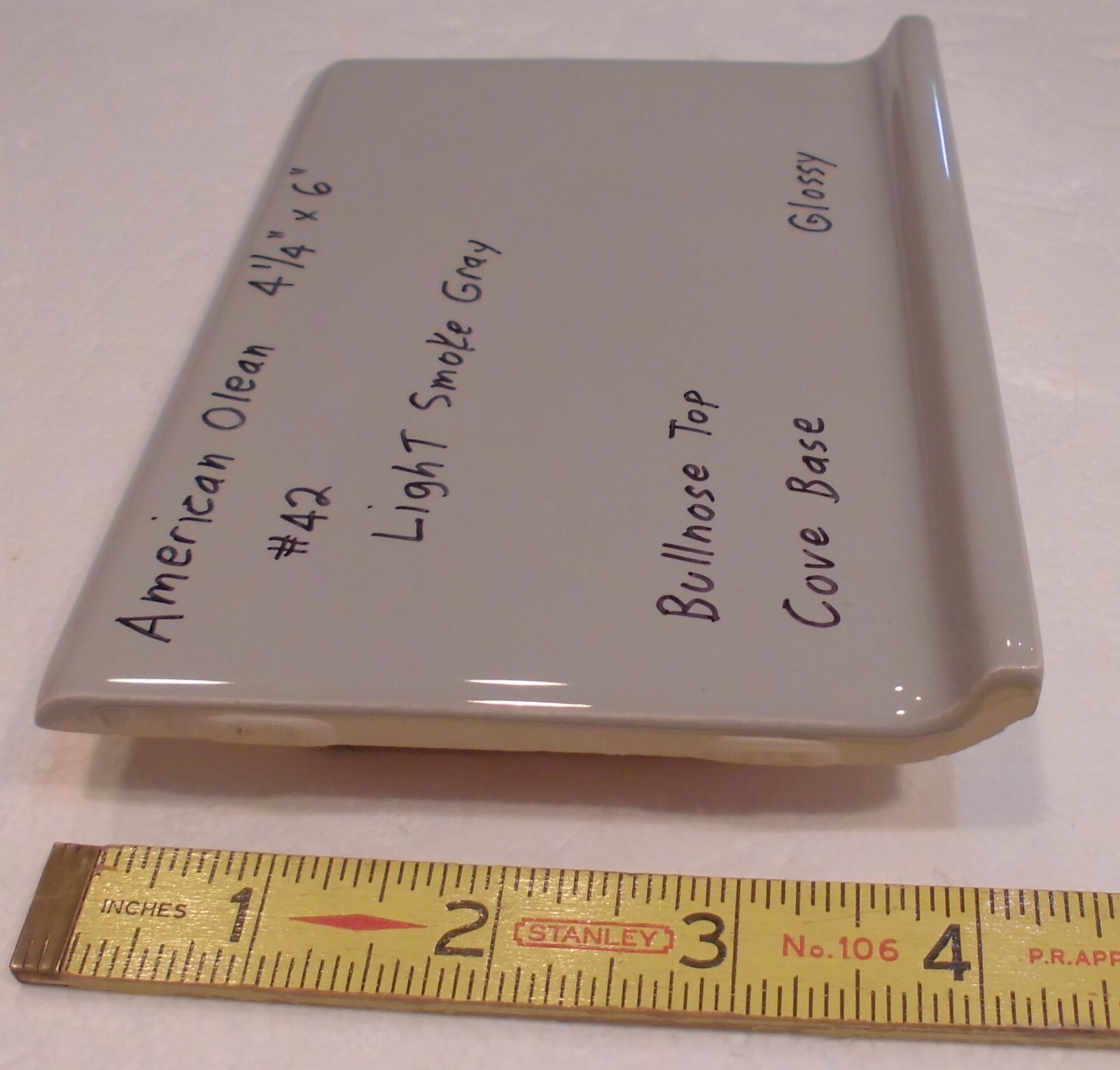 1 pc. Light Smoke Gray: base/cove Ceramic Glossy Tile: 4-1/4″ X 6″ Bullnose Top