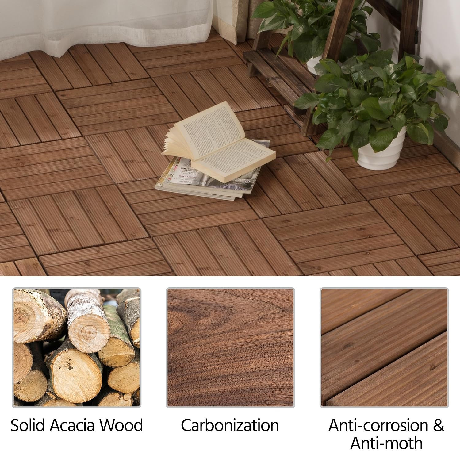 Yaheetech 27PCS Interlocking Deck Tiles Outdoor Patio Floor, Brown | Acacia Wood