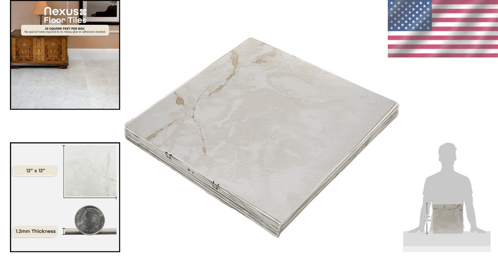Luxury 12-Inch Marble Look Vinyl Tiles – Classic White with Grey Veins, 20 Pack